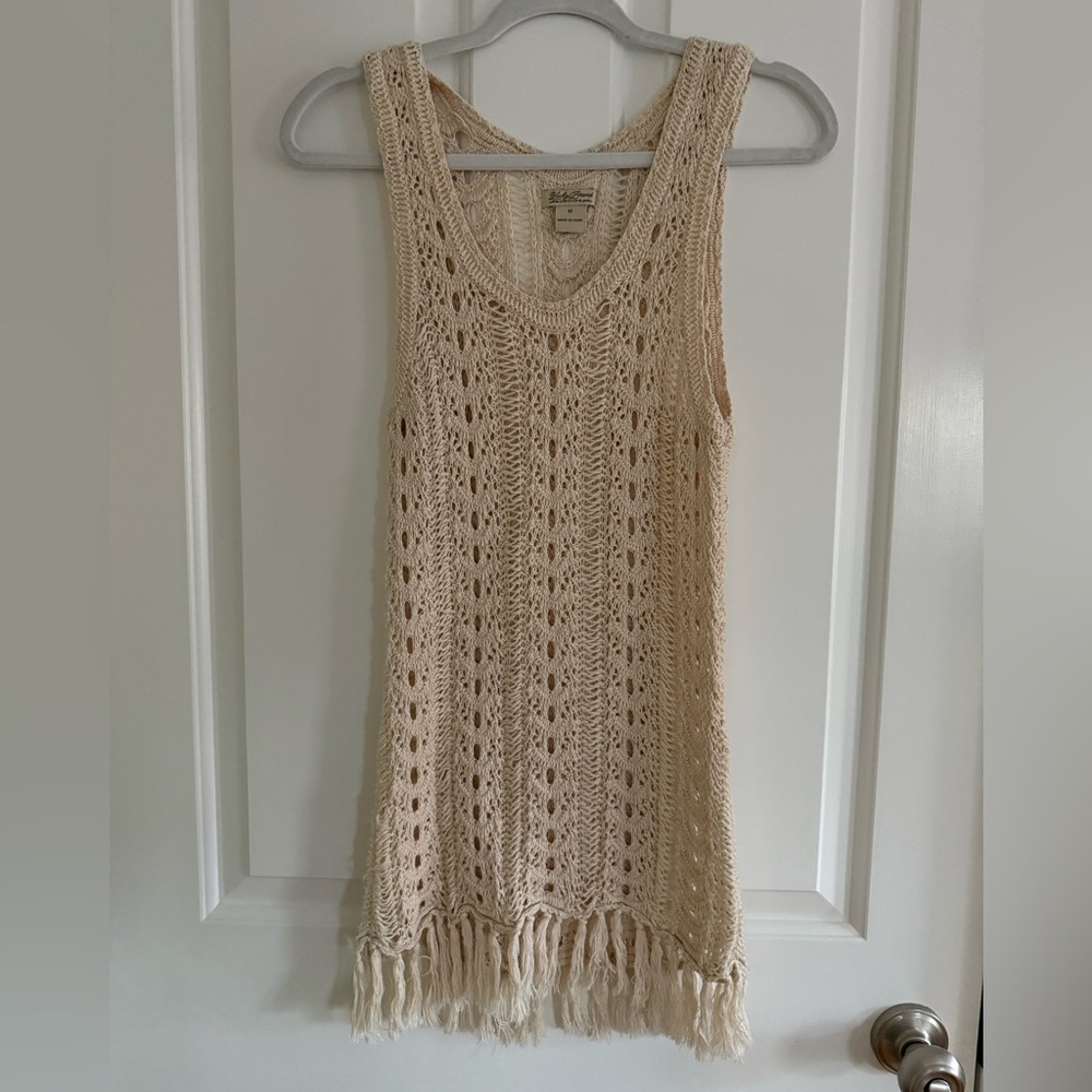 Lucky Brand Cream Knit Sleeveless Crochet Top with Fringe